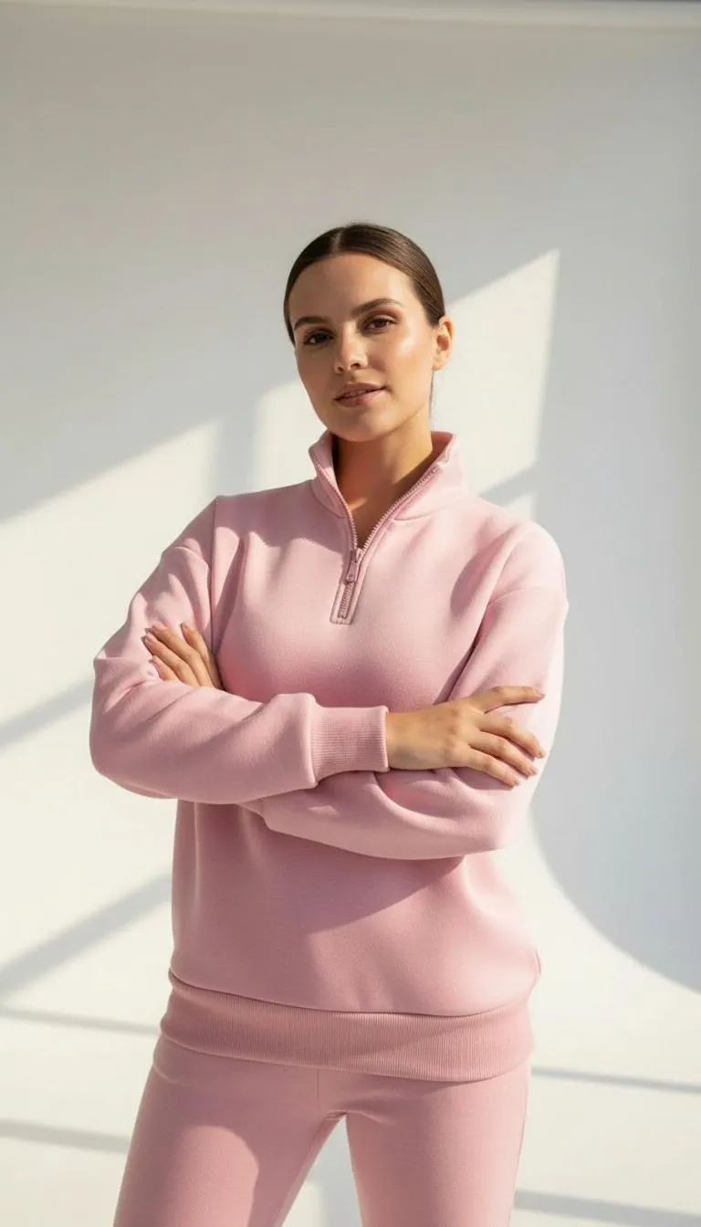 3 iplik Şardonlu yarım fermuarlı sweatshirt somon — görsel 3 · KOVCAA5JFB