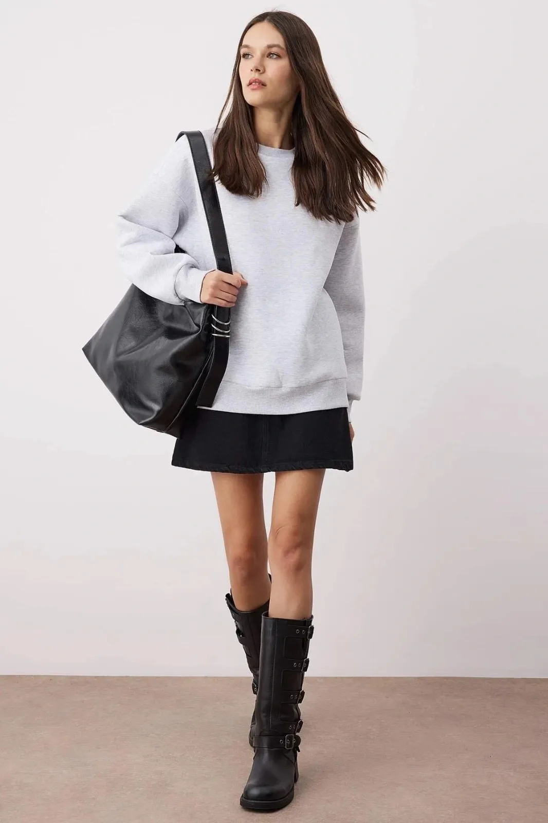 3 iplik şardonlu bisiklet yaka sweatshirt gri — görsel 3 · 3HB5DTF3DO