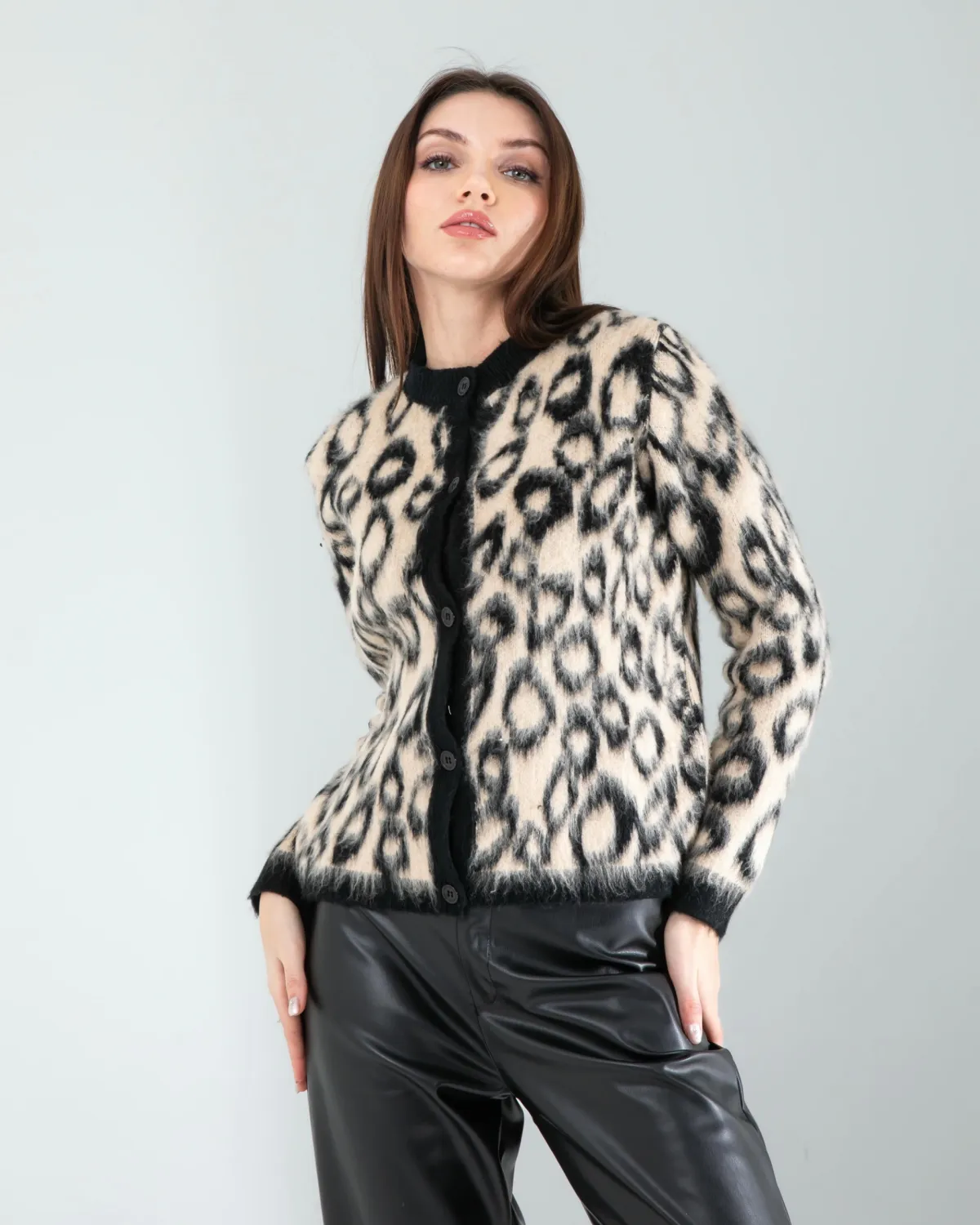 Camel Leopar Desen Sakal Triko Hırka — görsel 2 · KV2025010034