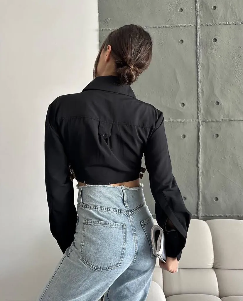Yanı kemer detaylı crop gömlek siyah s4009 — görsel 5 · CLHP3TUHKP