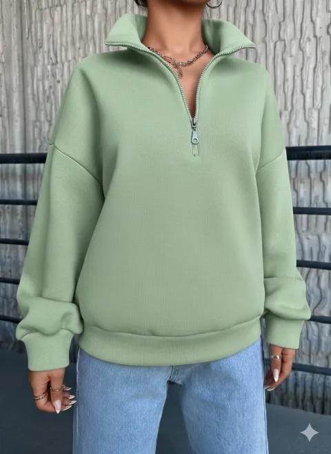 3 iplik Şardonlu yarım fermuarlı sweatshirt mint — görsel 1