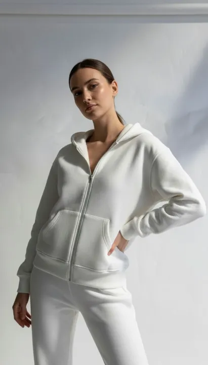3 iplik şardonlu kapşonlu hoodie frm beyaz p510437 — görsel 1