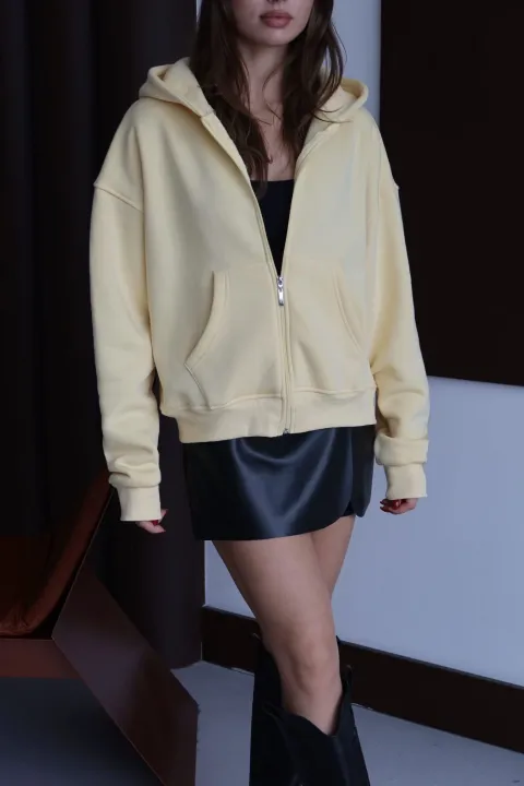 3 iplik şardonlu kapşonlu hoodie frm sarı p510437 — görsel 1