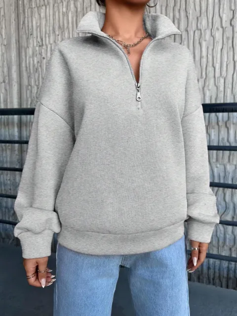 3 iplik Şardonlu yarım fermuarlı sweatshirt gri — görsel 1