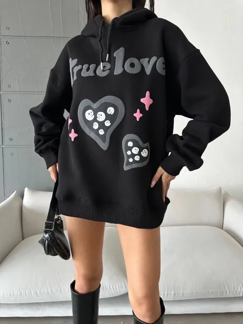 3 iplik şardonlu oversize true baskılı sweat siyah — görsel 1