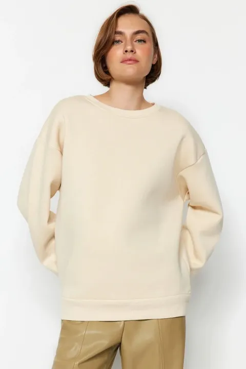 3 iplik şardonlu bisiklet yaka sweatshirt bej — görsel 1