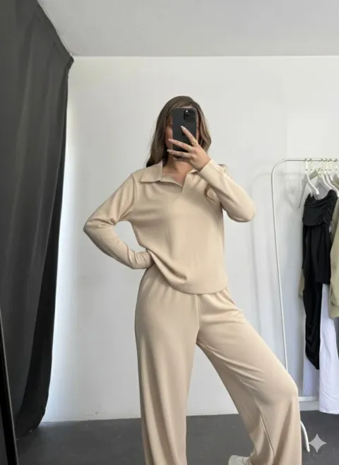 Polo yaka alt üst kollu modal takım bej pt — görsel 1