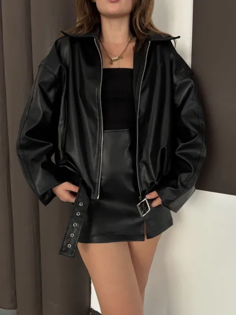 Astarlı kemerli pb deri ceket siyah onst — görsel 1