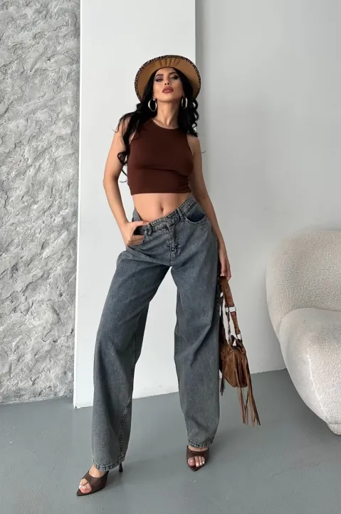 Baggy kar yıkama eskitme kahve jeans pantolon d2007 — görsel 1
