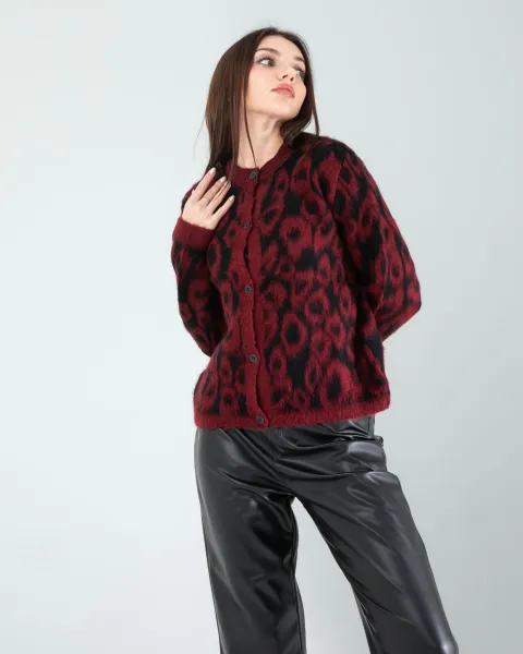 Kırmızı Leopar Desen Sakal Triko Hırka — görsel 1