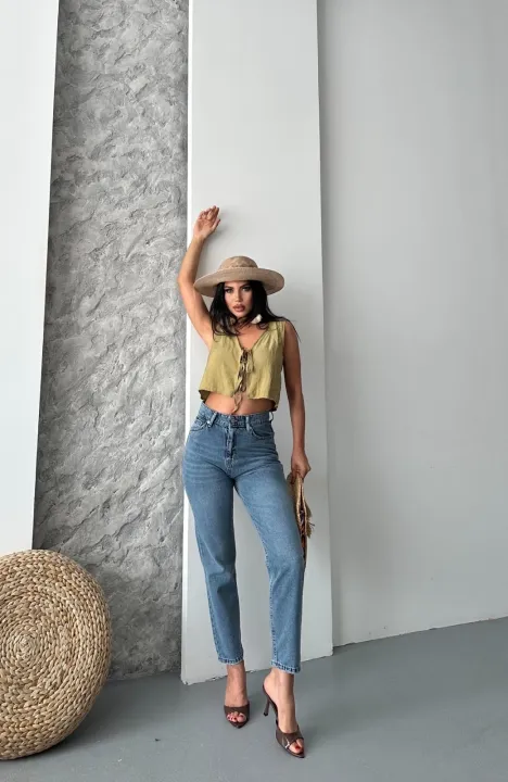 Mom fit bıyık kar yıkama jeans pantolon koyu mavi d2006 — görsel 1