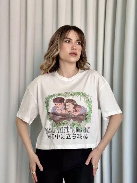 Oversize Beyaz baskılı crop tişört — görsel 1